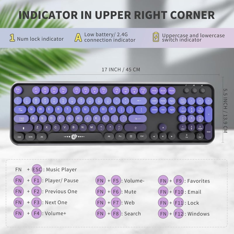 FD Wireless Keyboard and Mouse Combo | Cute Colorful Keyboard and Mouse with 2.4GHz Cordless Retro Typewriter Keyboard | Auto-Sleep | USB Receiver for Windows PC/Laptop - Black Purple Gradient - Image 3